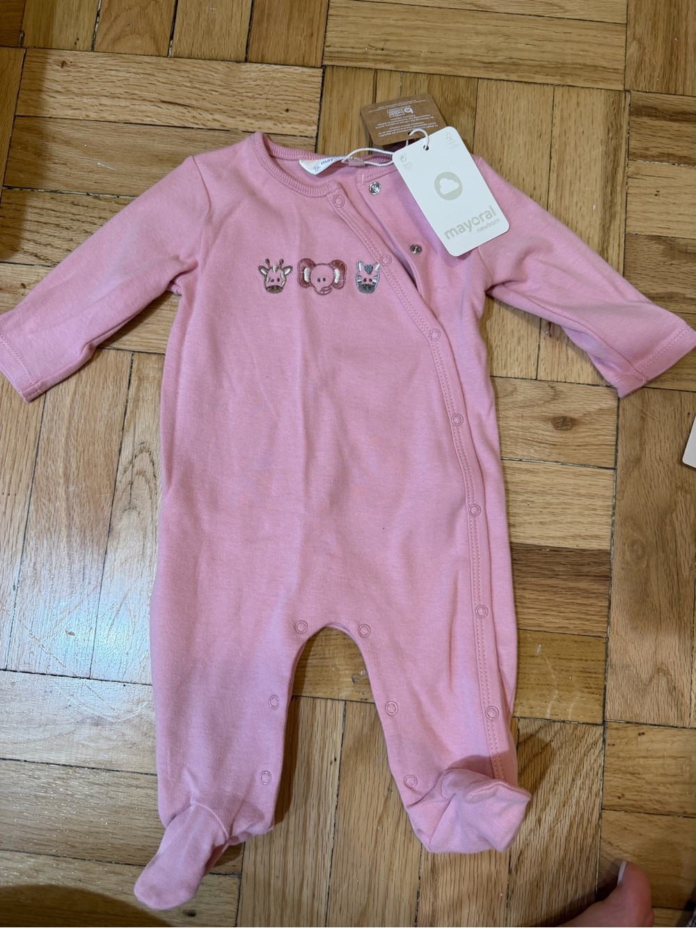 Mayoral Pink Footed Baby One-Piece with Animal Embroidery